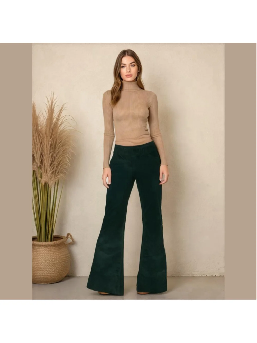 We The Free People Flare Cord Jeans Women 26 Green Corduroy Low Rise Bell Bottom